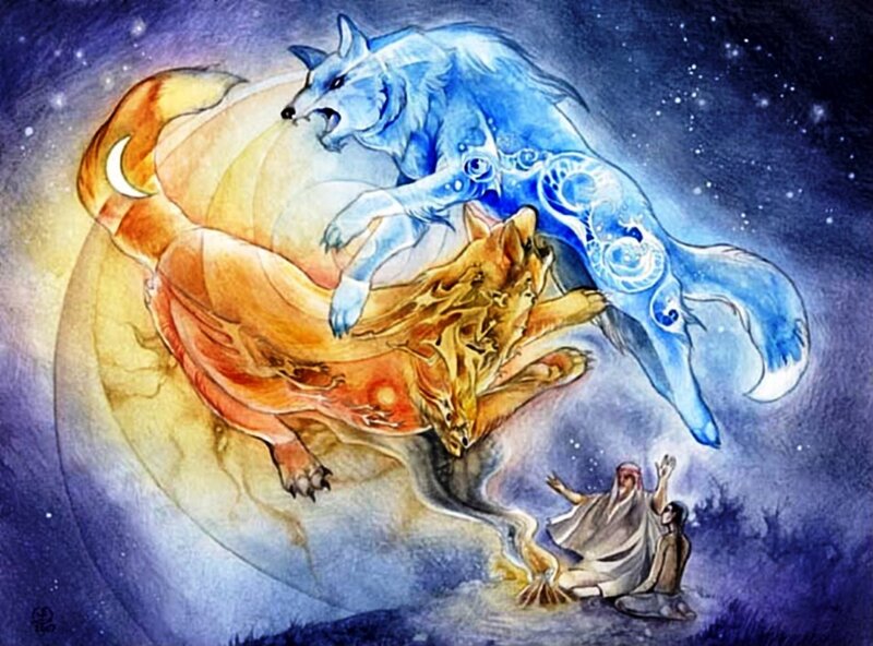 Two Wolves Fighting — Blue