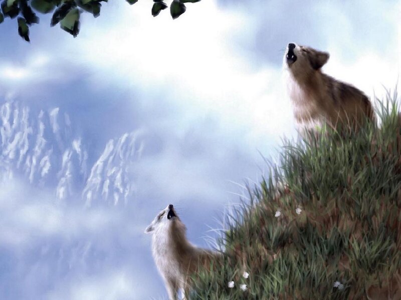 Two Wolves Howling — Blue, Serene, Digital Art
