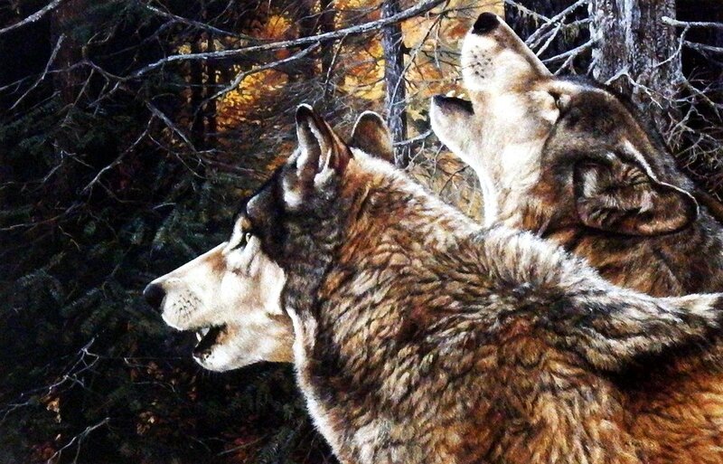 Two Wolves Howling — Brown, Dramatic, Night, Painting