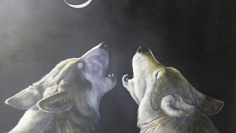 Two Wolves Howling — Gray, Dramatic, Night, Painting