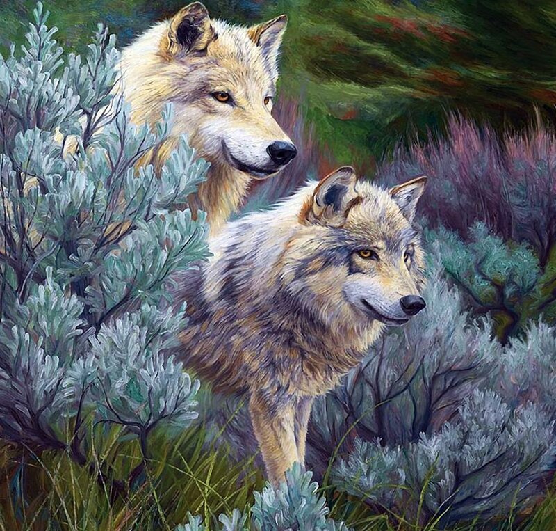 Two Wolves in Bushes — Green
