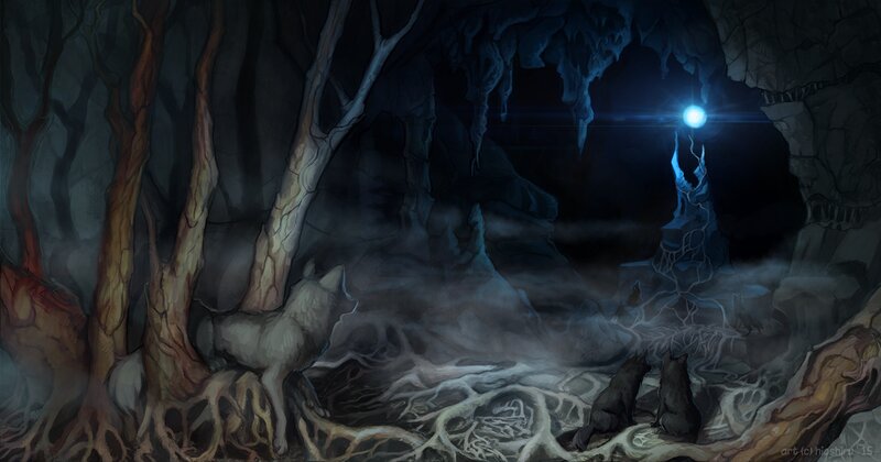Two Wolves in Cave — Blue, Dark