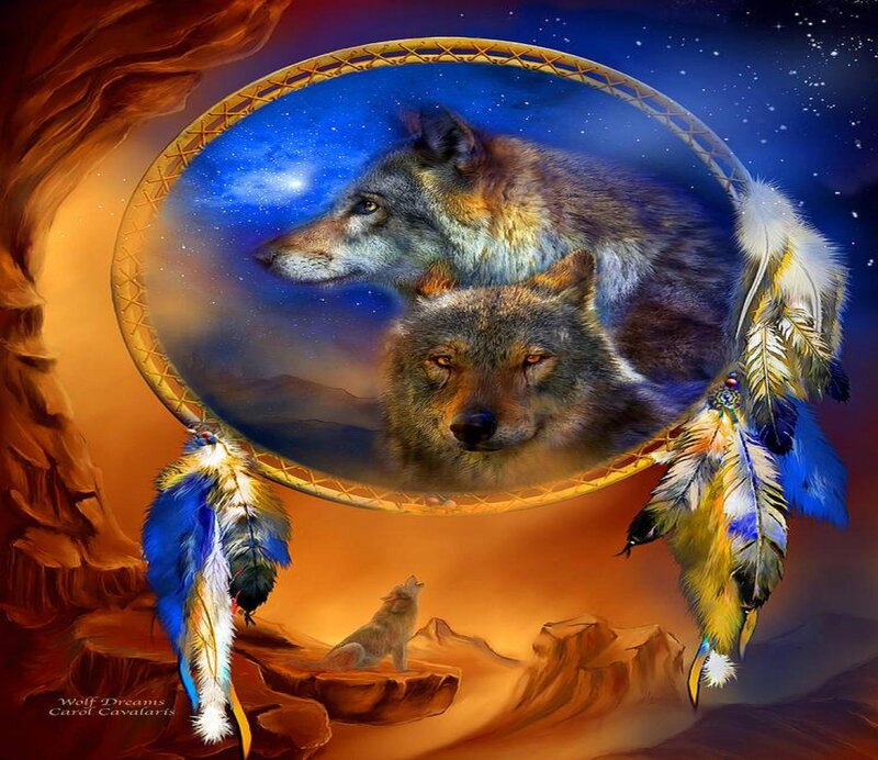 Two Wolves in Dreamcatcher — Blue, Mystical