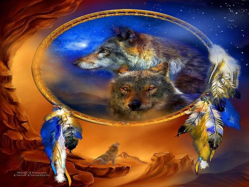 Two Wolves in Dreamcatcher — Blue