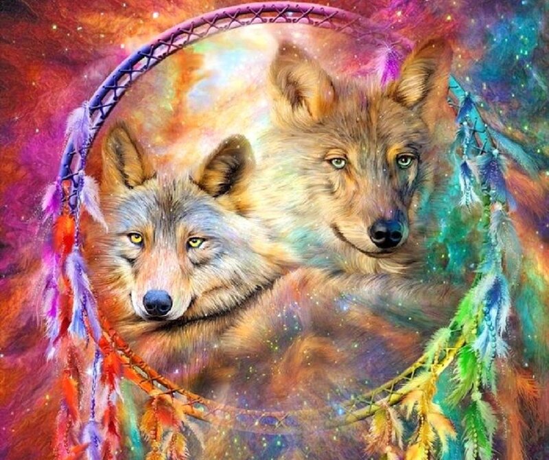 Two Wolves in Dreamcatcher — Purple