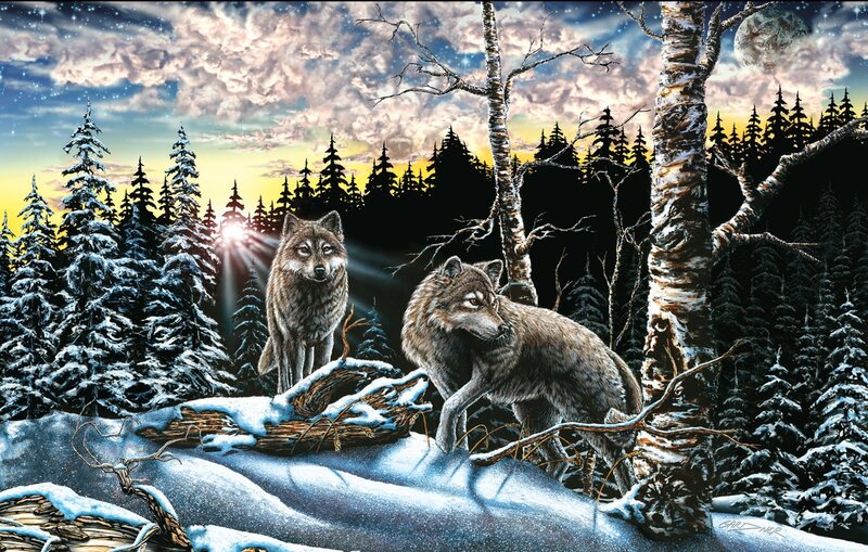 Two Wolves in Forest — Blue, Dramatic, Night, Digital Art, Snow, Trees