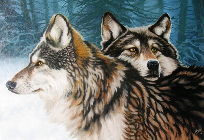 Two Wolves in Forest — Brown, Calm, Winter