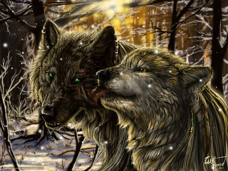 Two Wolves in Forest — Brown, Dramatic, Winter, Digital Art, Snow, Trees, Earrings