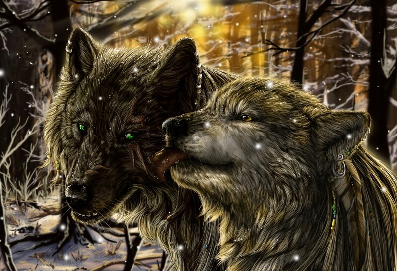 Two Wolves in Forest — Brown, Dramatic, Winter, Digital Art, Snow, Trees