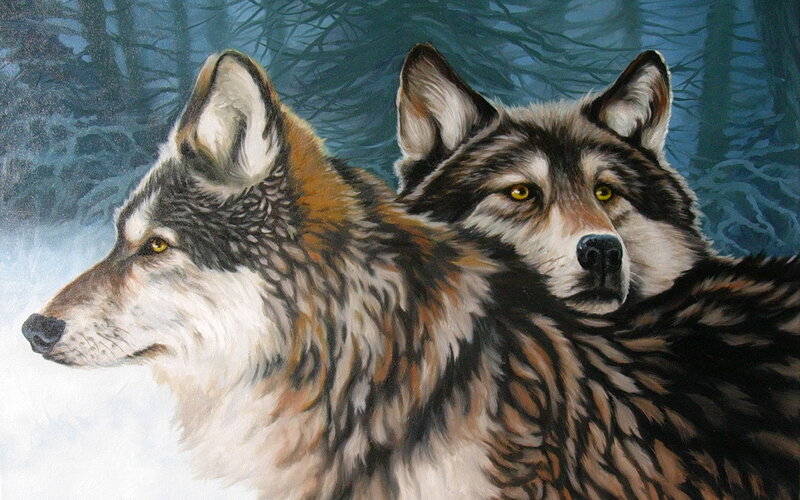 Two Wolves in Forest — Gray, Alert, Winter, Painting