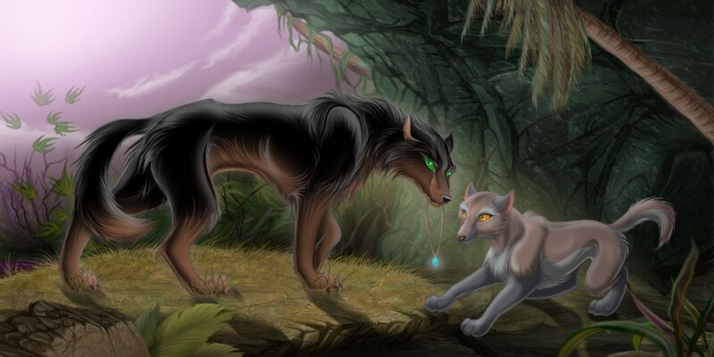Two Wolves in Forest — Green, Dramatic