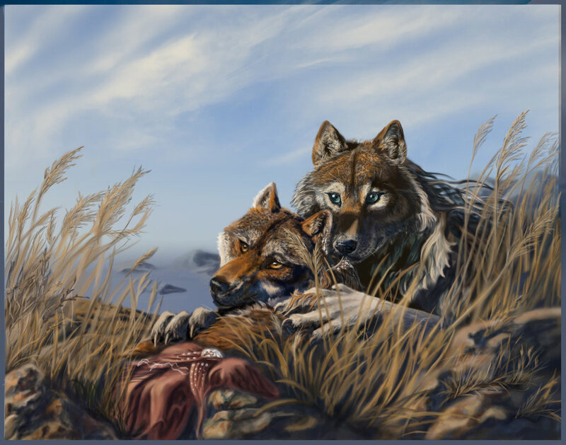 Two Wolves in Grass — Brown, Calm