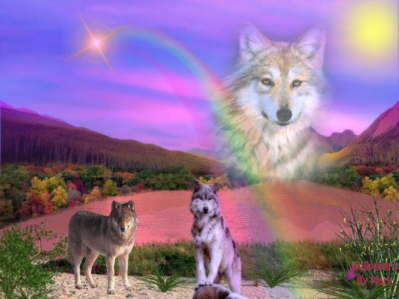Two Wolves in Landscape — Purple, Dreamy