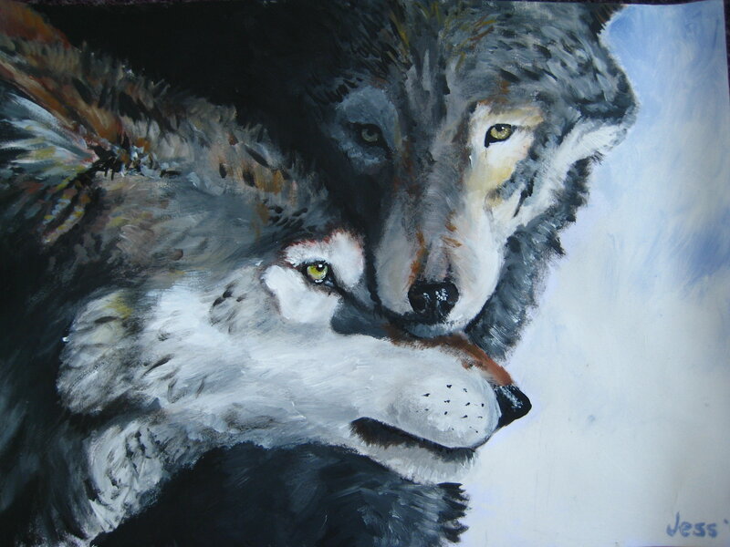 Two Wolves in Snow — Gray, Calm, Winter, Painting, Eyes