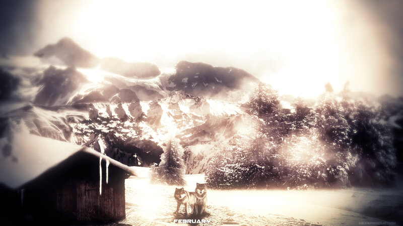 Two Wolves in Snow — White, Dramatic, Winter, Digital Art, Mountains