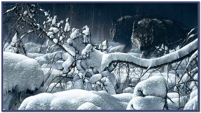 Two Wolves in Snow — White, Dramatic, Winter, Digital Art, Trees, Forest