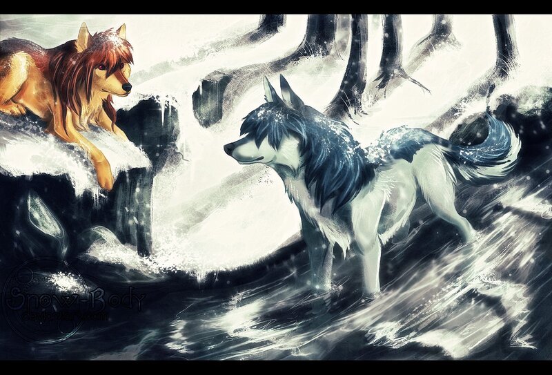 Two Wolves in Snow — White, Dramatic, Winter, Digital Art, Trees, River