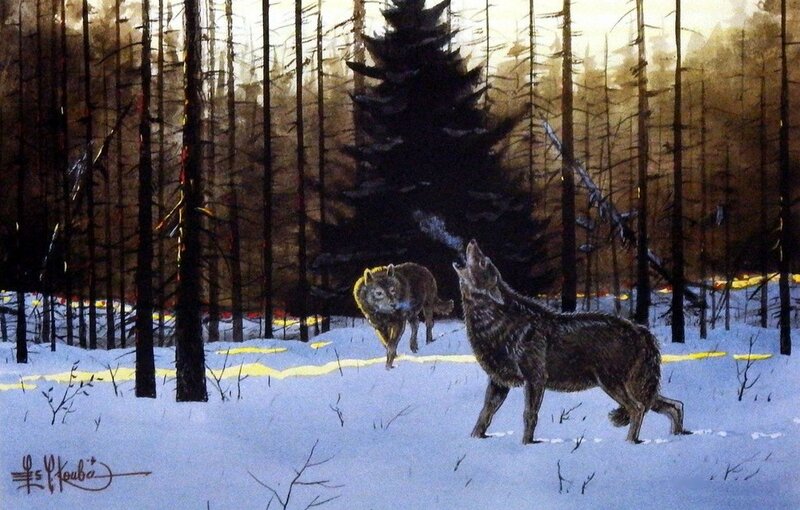 Two Wolves in Snow — White, Dramatic, Winter, Painting