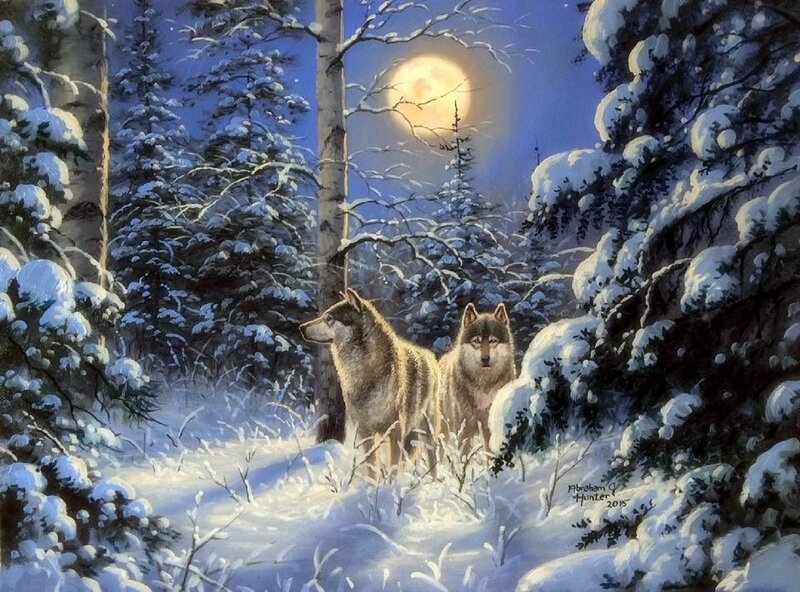 Two Wolves in Snow — White, Serene, Night, Painting