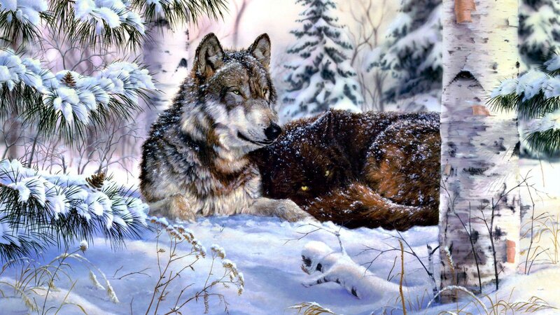 Two Wolves in Snow — White, Serene, Winter, Digital Art, Birch Tree