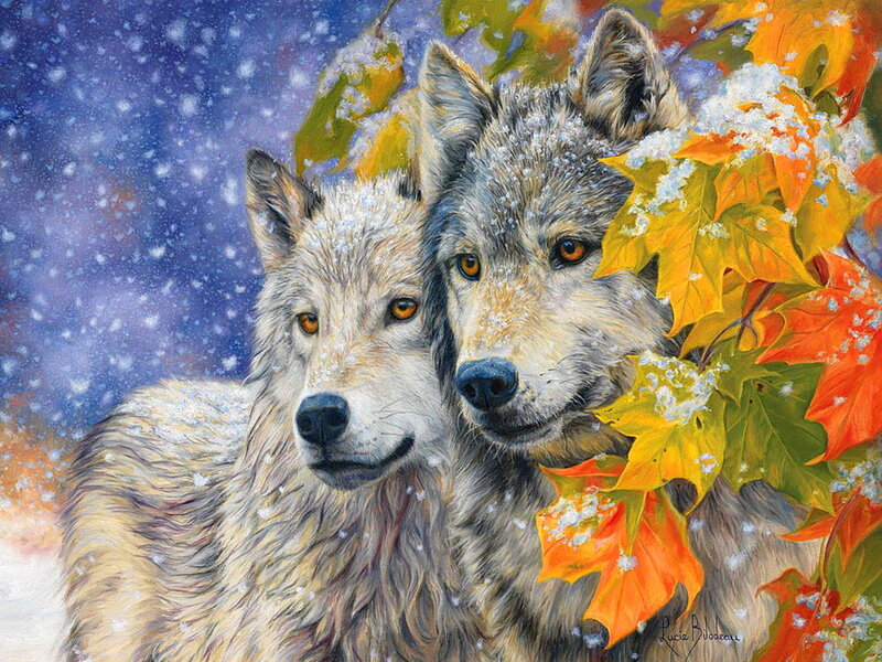 Two Wolves in Snow — White, Serene, Winter, Painting, Autumn Leaves