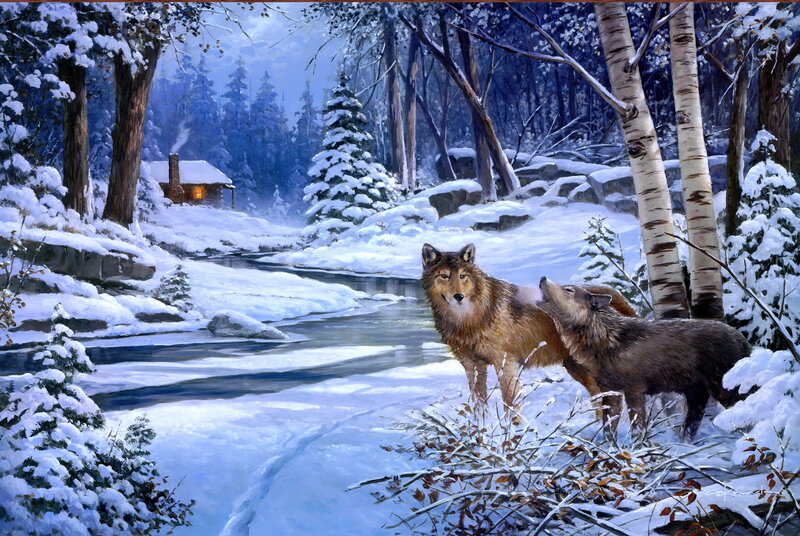 Two Wolves in Snow — White, Serene, Winter, Painting, Cabin, River