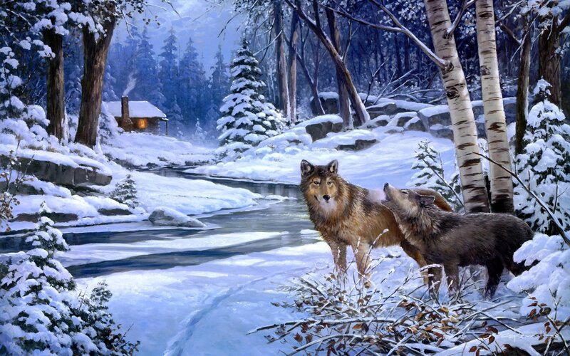 Two Wolves in Snow — White, Serene, Winter, Painting, Cabin, River, Trees