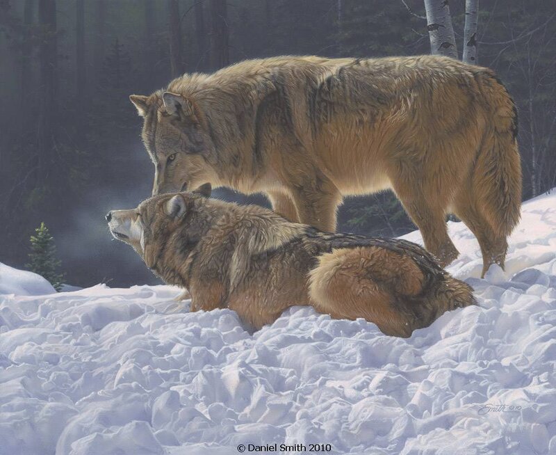 Two Wolves in Snow — White, Serene, Winter, Painting, Forest, Trees, Brown