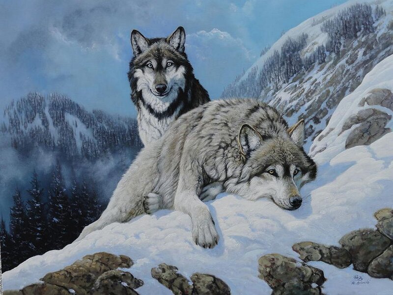 Two Wolves in Snow — White, Serene, Winter, Painting, Mountains