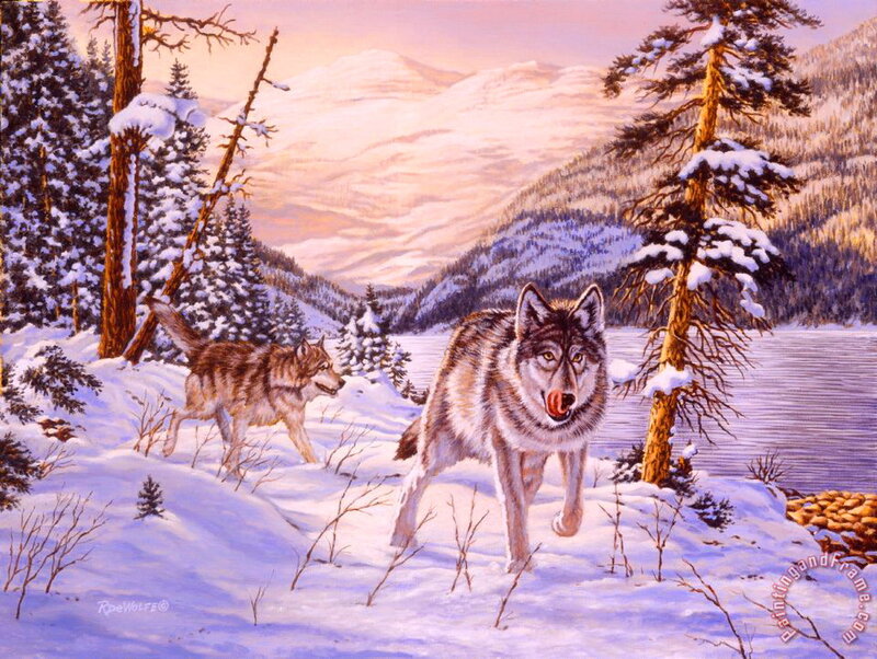 Two Wolves in Snow — White, Serene, Winter, Painting, Trees, Mountains