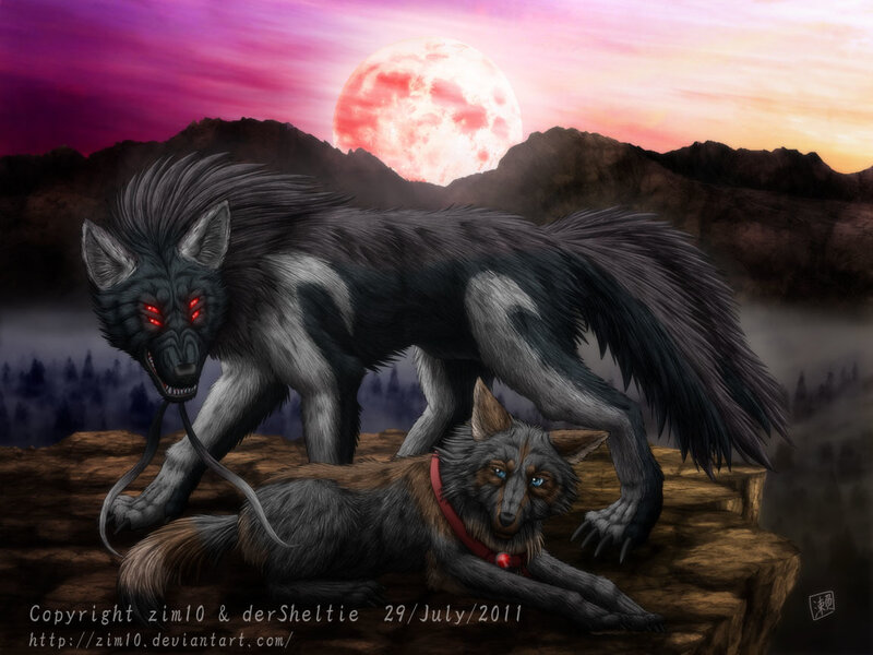 Two Wolves on a Cliff — Purple