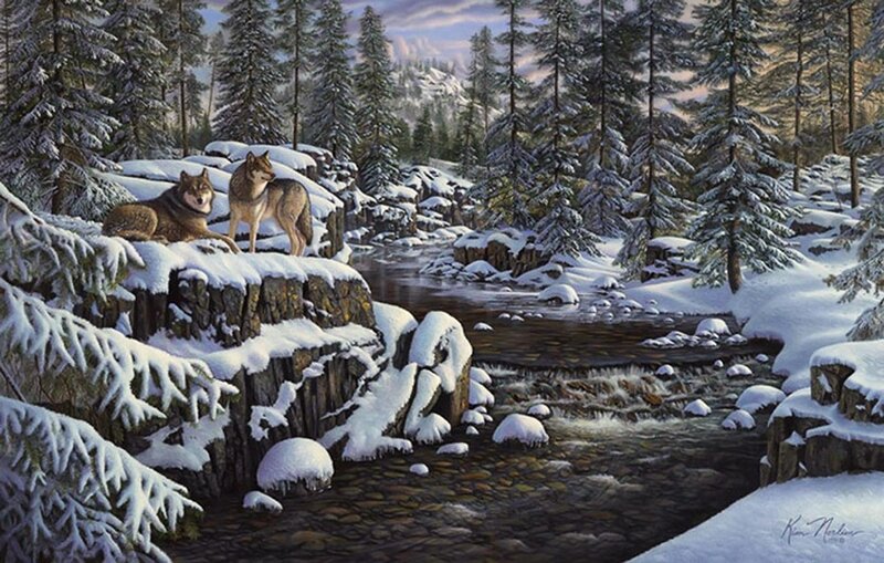 Two Wolves on a Cliff — White, Serene