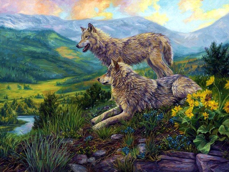 Two Wolves on a Hill — Green