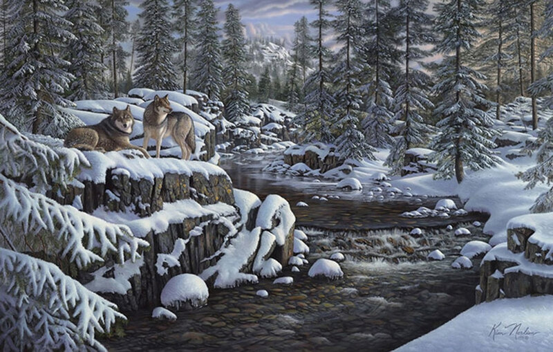 Two Wolves on a Rock — White