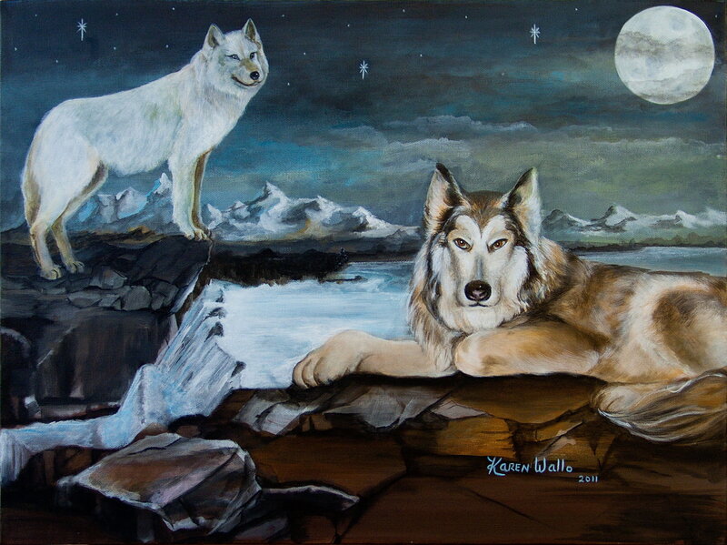 Two Wolves on Rocks — Blue, Dramatic