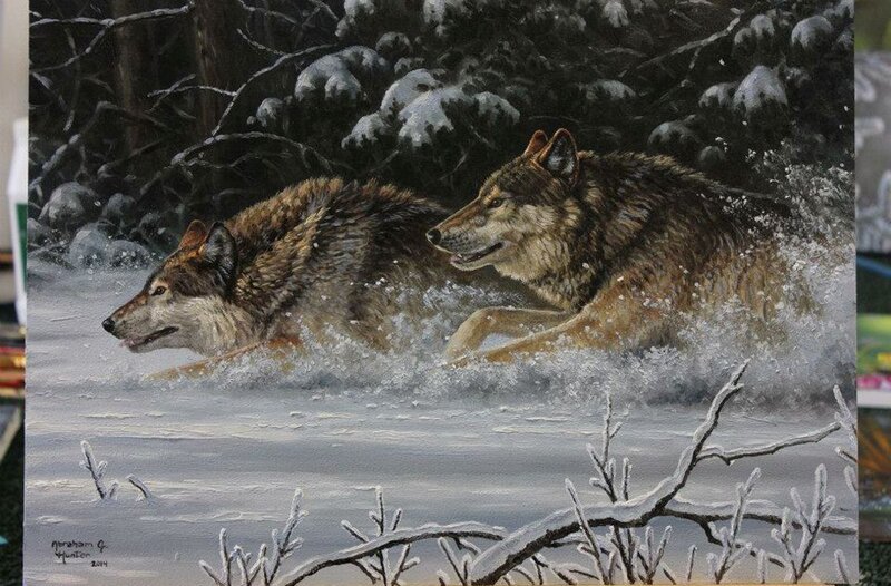 Two Wolves Running — Brown, Dynamic, Winter