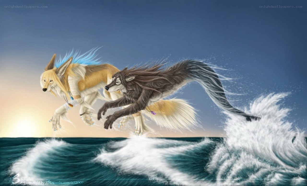 two wolves running on water
