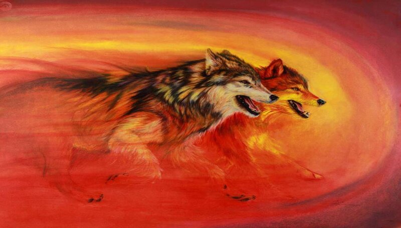 Two Wolves Running — Red, Dramatic, Sunset