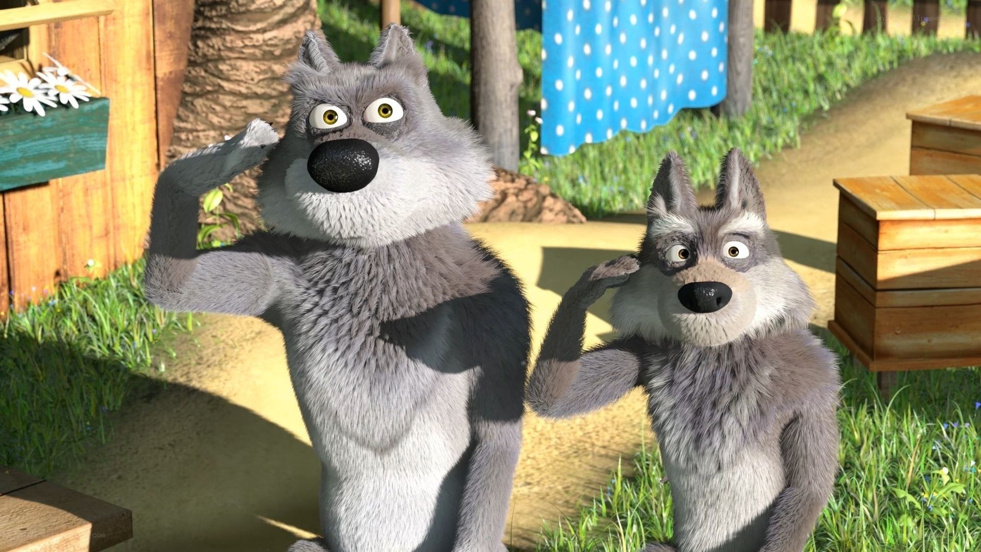 Two wolves saluting in a village