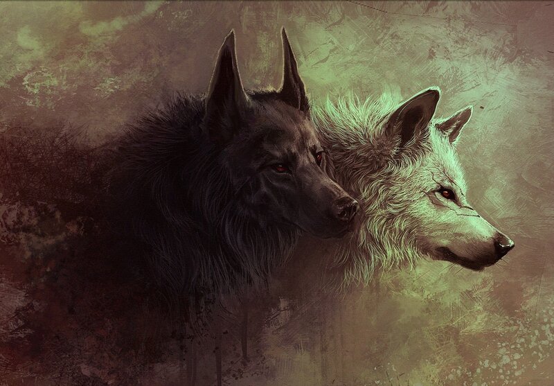 Two Wolves Side by Side — Black, Dramatic, Digital Art, Red Eyes