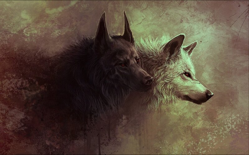 Two Wolves Side by Side — Black, Dramatic, Digital Art