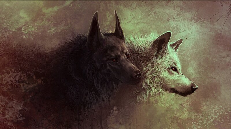 Two Wolves Side by Side — Black, Dramatic, Digital Art, Wolf, Red Eyes