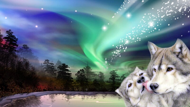 Two Wolves under Aurora — Green