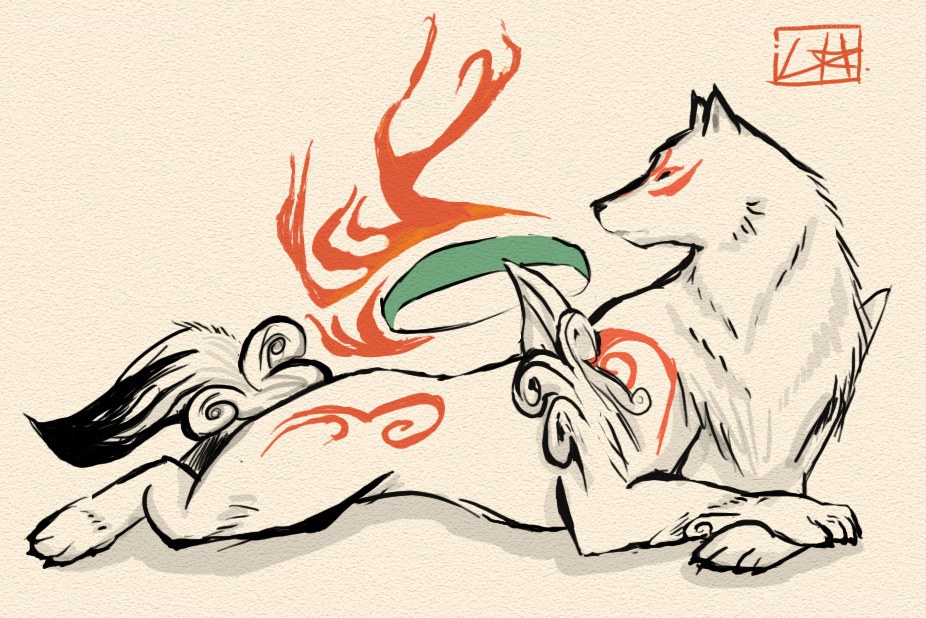 two wolves with fire and green