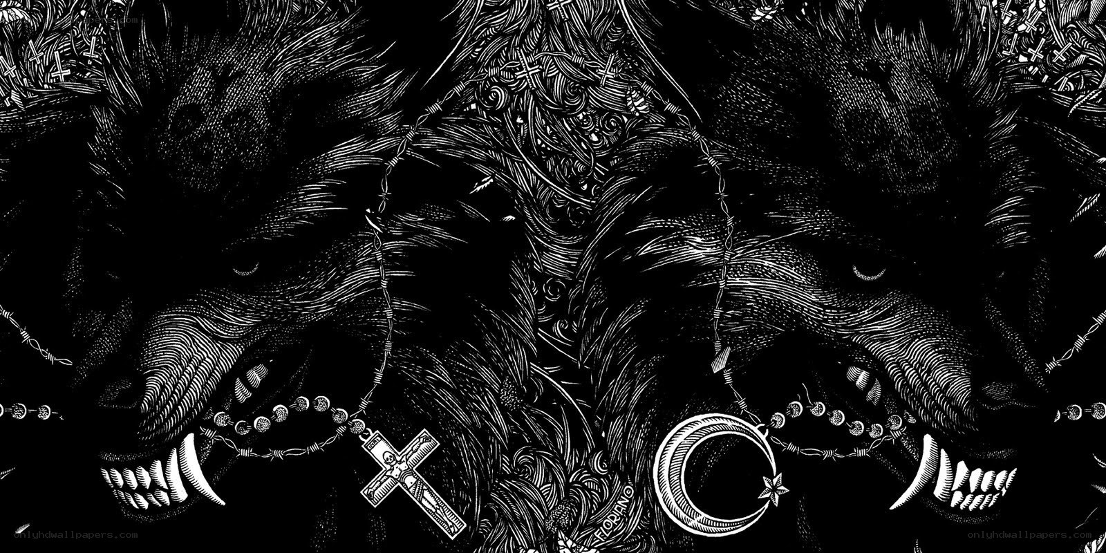two wolves with religious symbols
