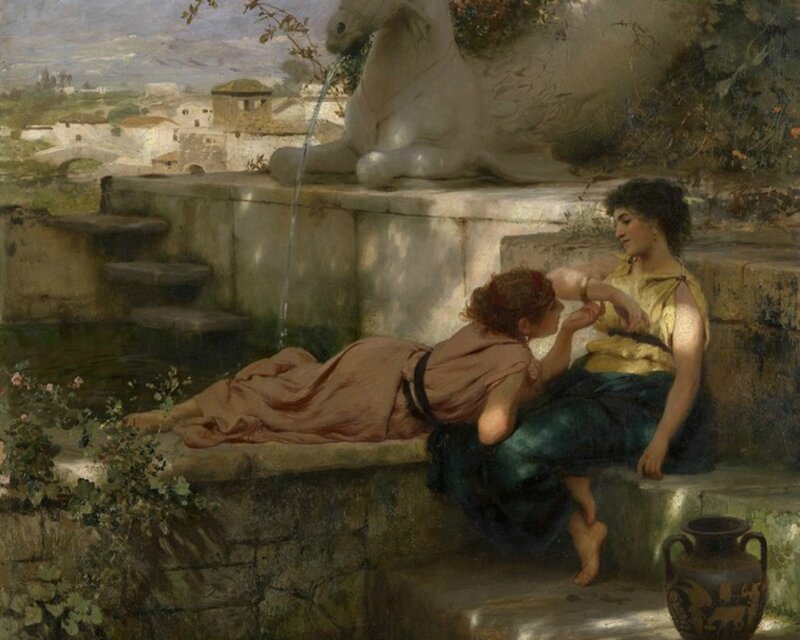 Two Women at a Fountain — Brown
