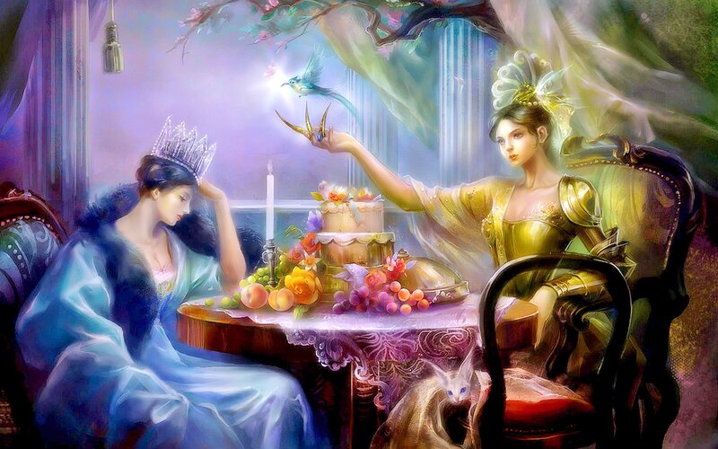 Two Women at a Table — Blue, Serene