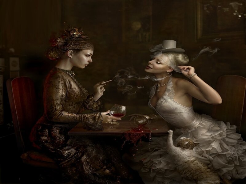 Two Women at a Table — Brown
