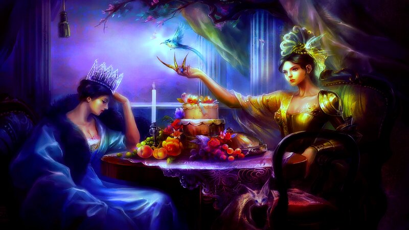 Two Women at a Table — Purple, Dramatic, Night, Digital Art, Cake, Bird
