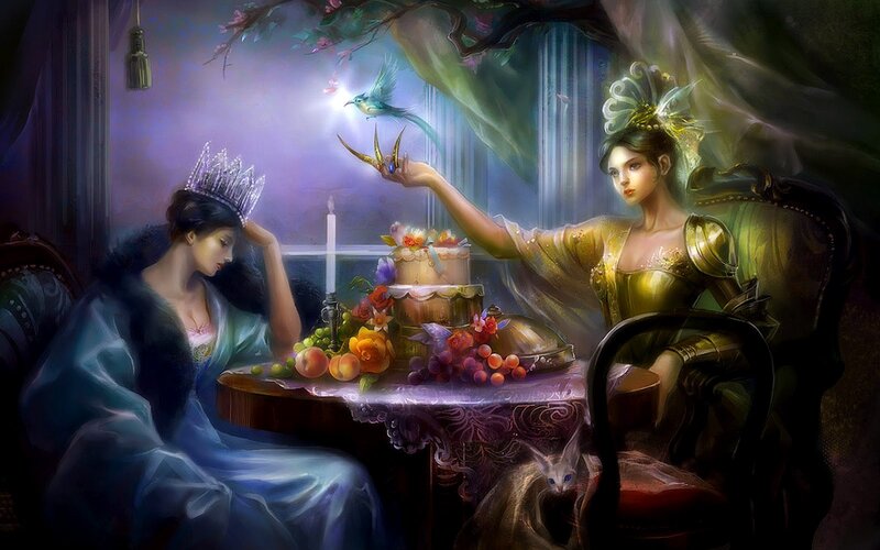 Two Women at a Table — Purple, Dramatic, Night, Digital Art, Cake